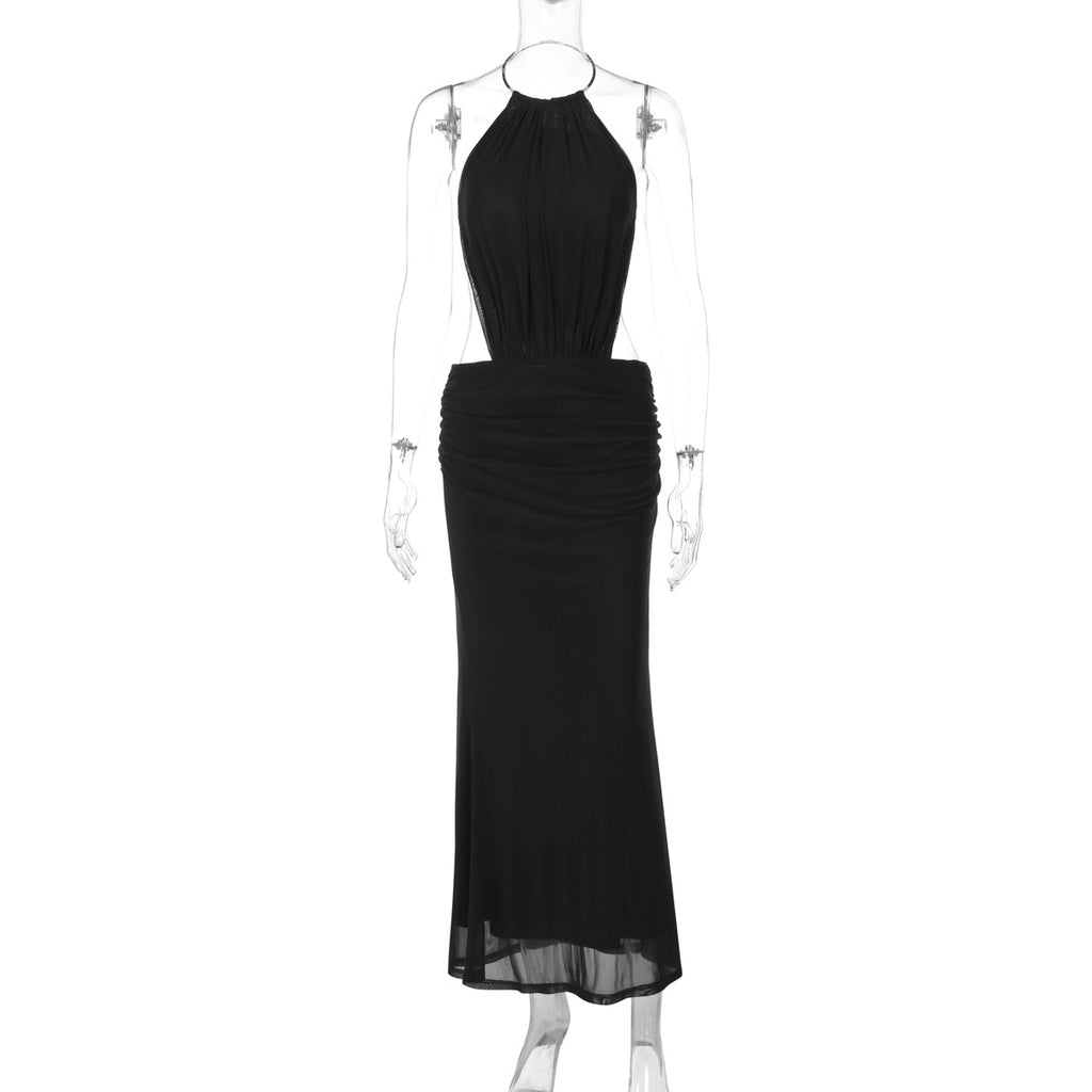 Assunta Metal-Ring Halter Backless Ruched Maxi Dress