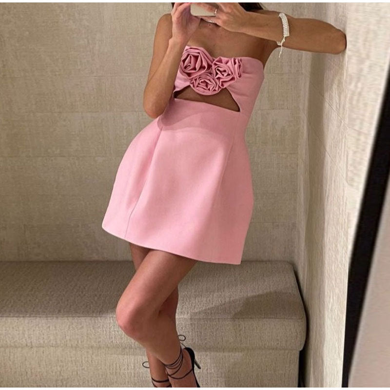 Bibiana 3D Rosette Strapless Cutout Mini Dress