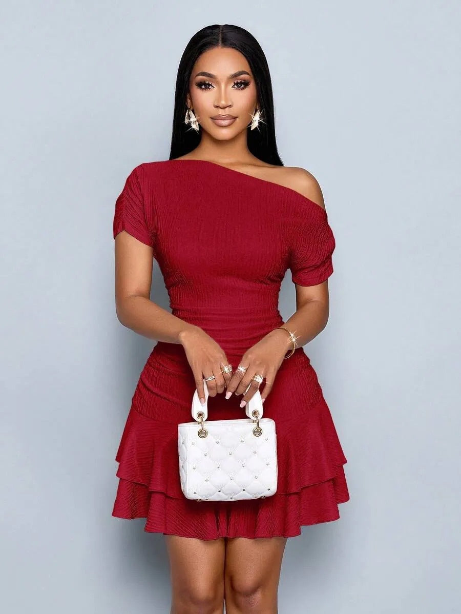 Rachele One-Shoulder Ruched Ruffle-Hem Mini Dress