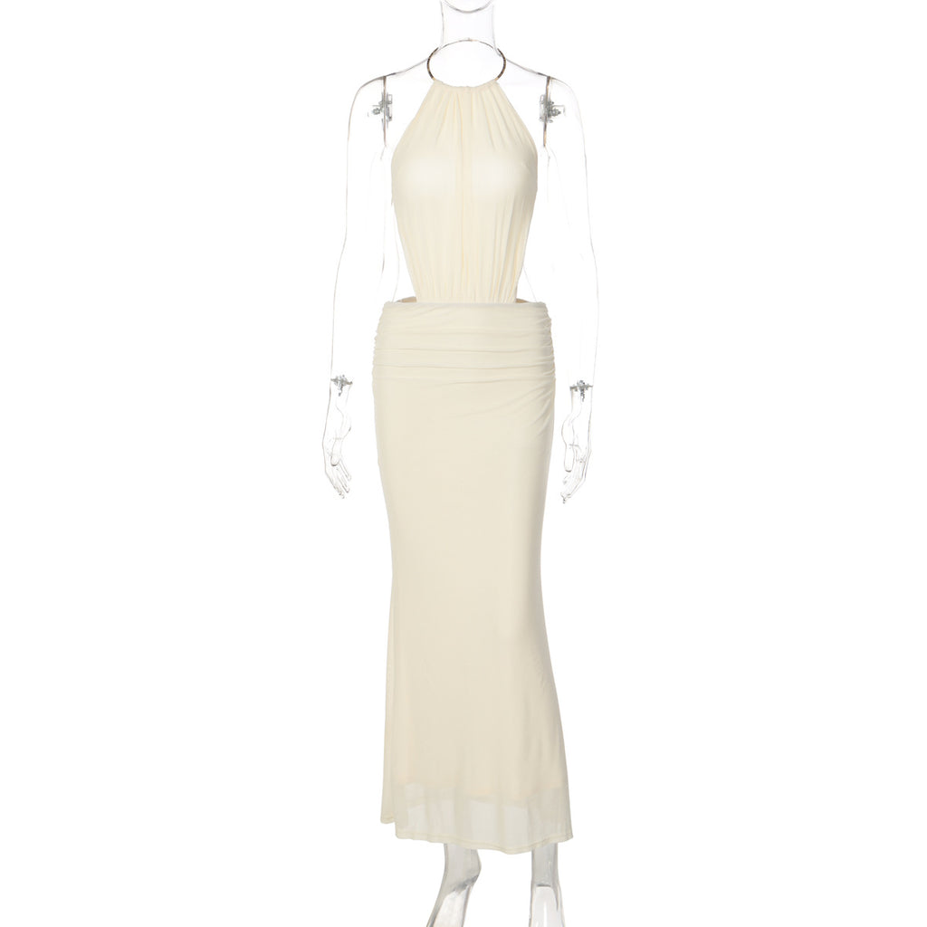 Assunta Metal-Ring Halter Backless Ruched Maxi Dress