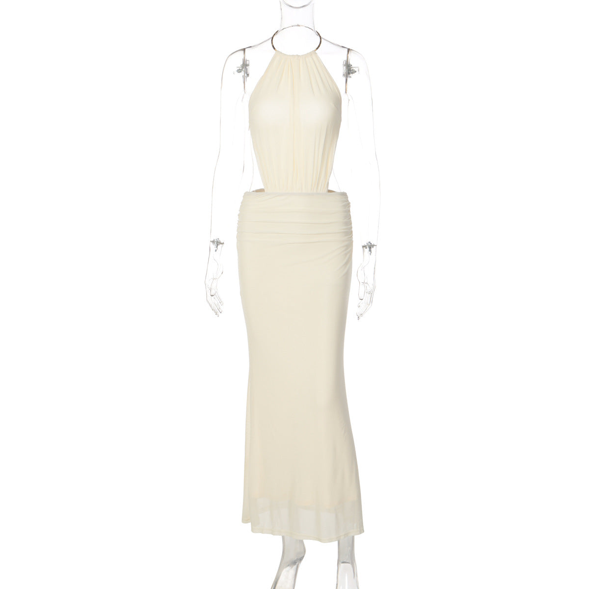 Assunta Metal-Ring Halter Backless Ruched Maxi Dress
