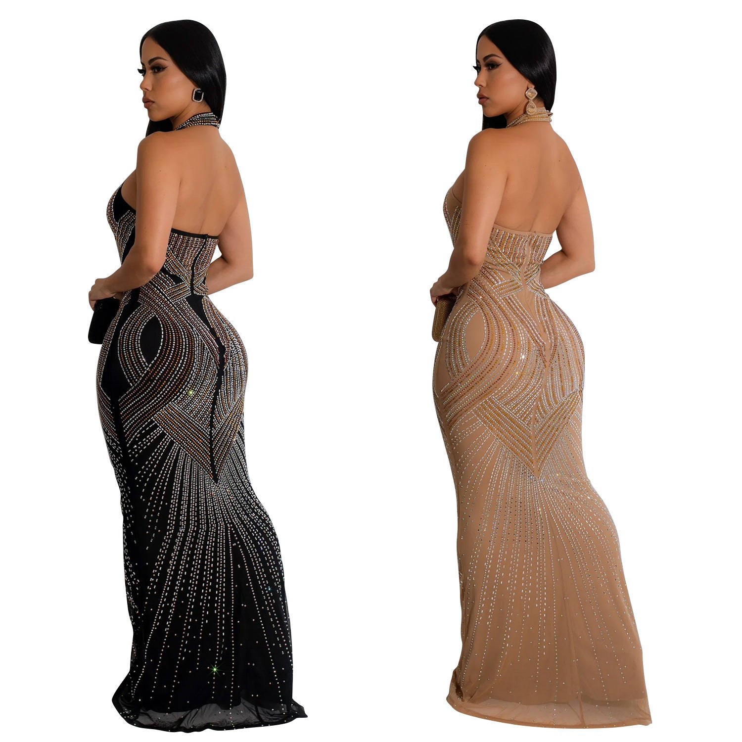 Mirta Rhinestone Mesh Halter Backless Maxi Dress