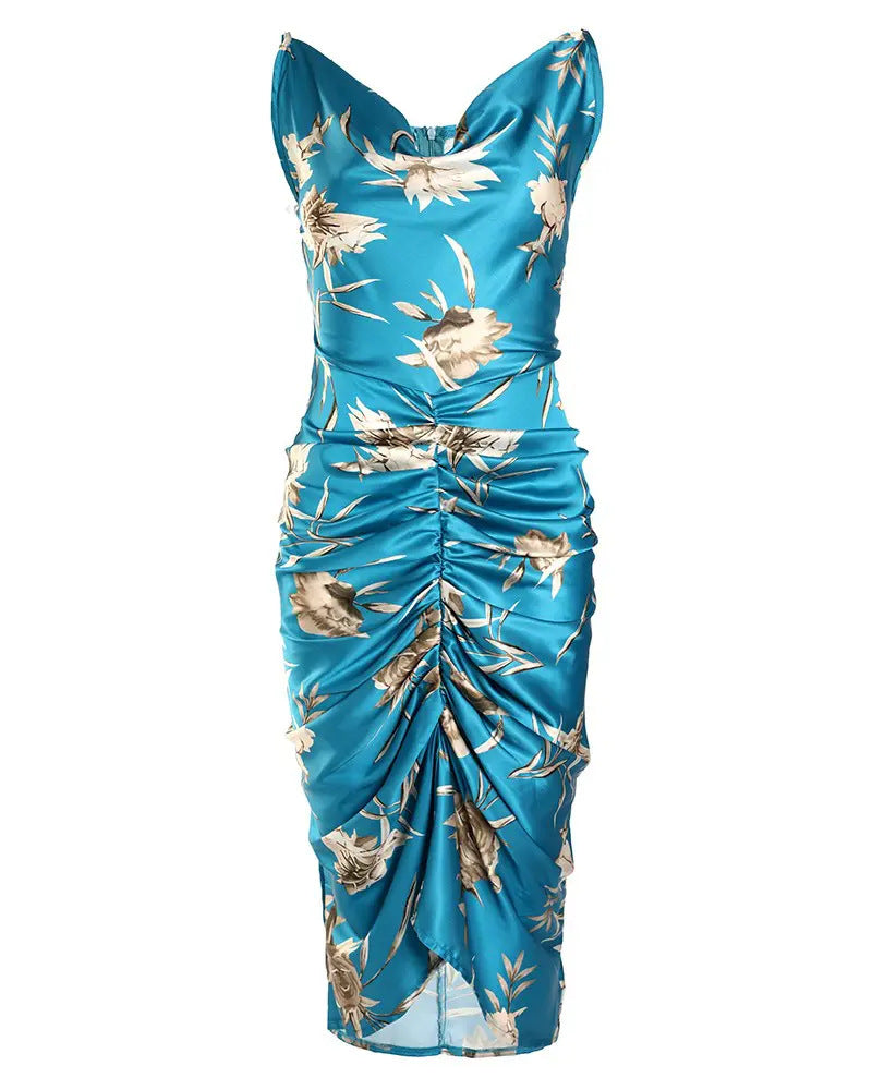 Sveva Floral Satin Cowl-Neck Ruched Slip Midi Dress