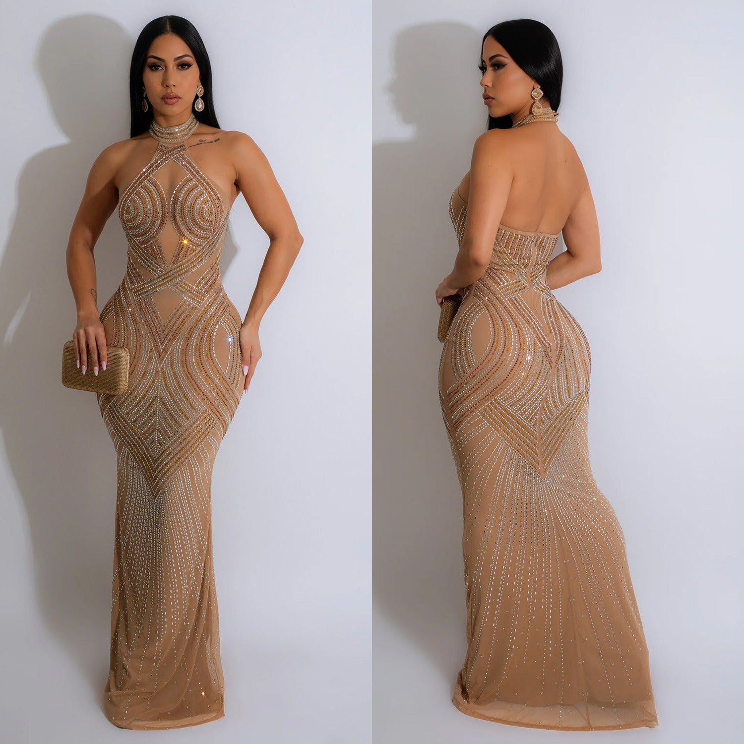 Mirta Rhinestone Mesh Halter Backless Maxi Dress