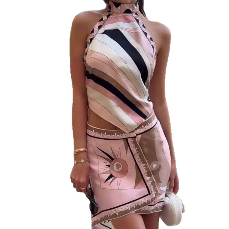 Crocetta Printed Satin Halter Crop Top & Maxi Skirt Set