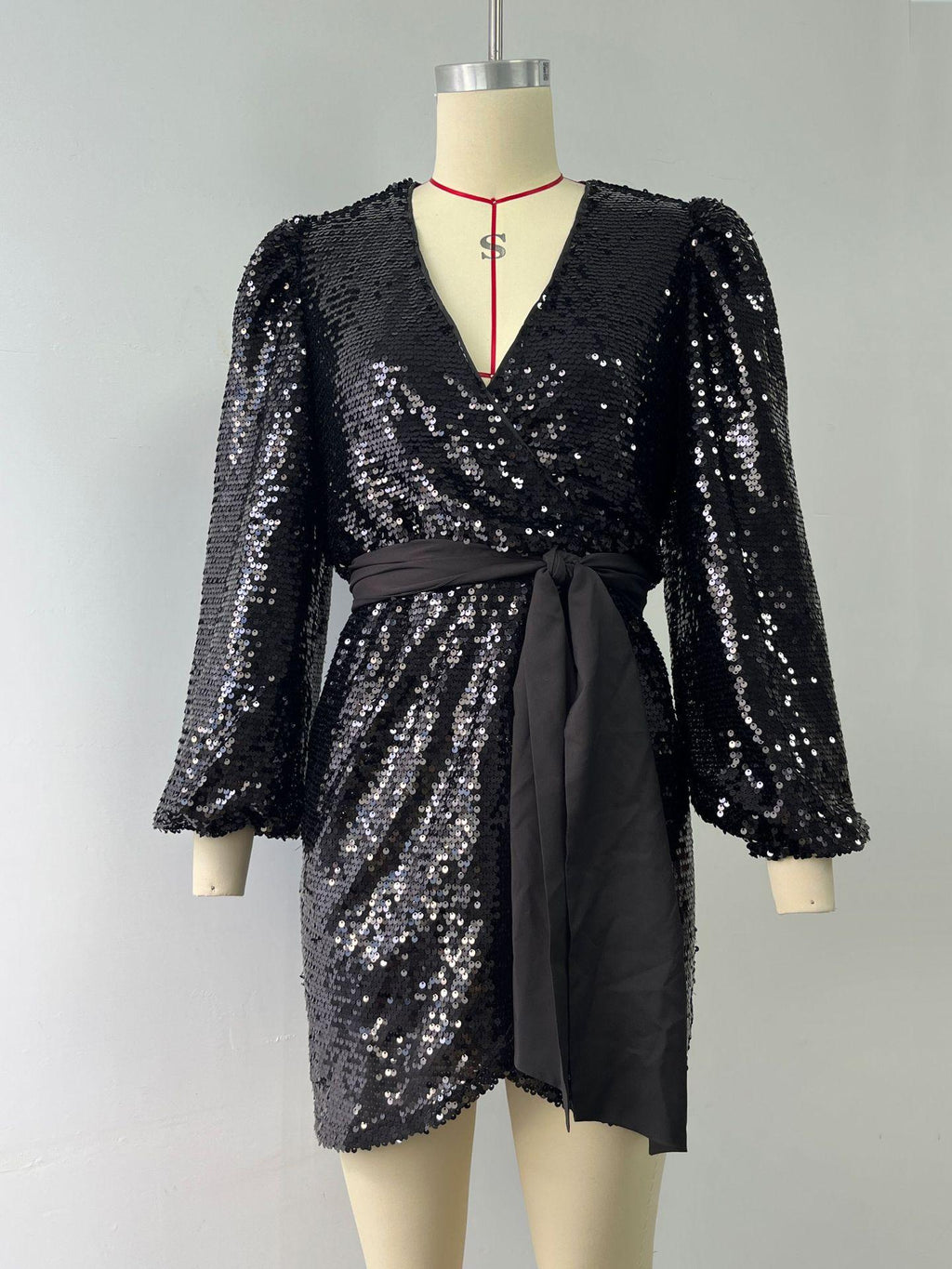 Brunella Sequin Wrap Balloon-Sleeve Mini Dress