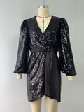 Brunella Sequin Wrap Balloon-Sleeve Mini Dress