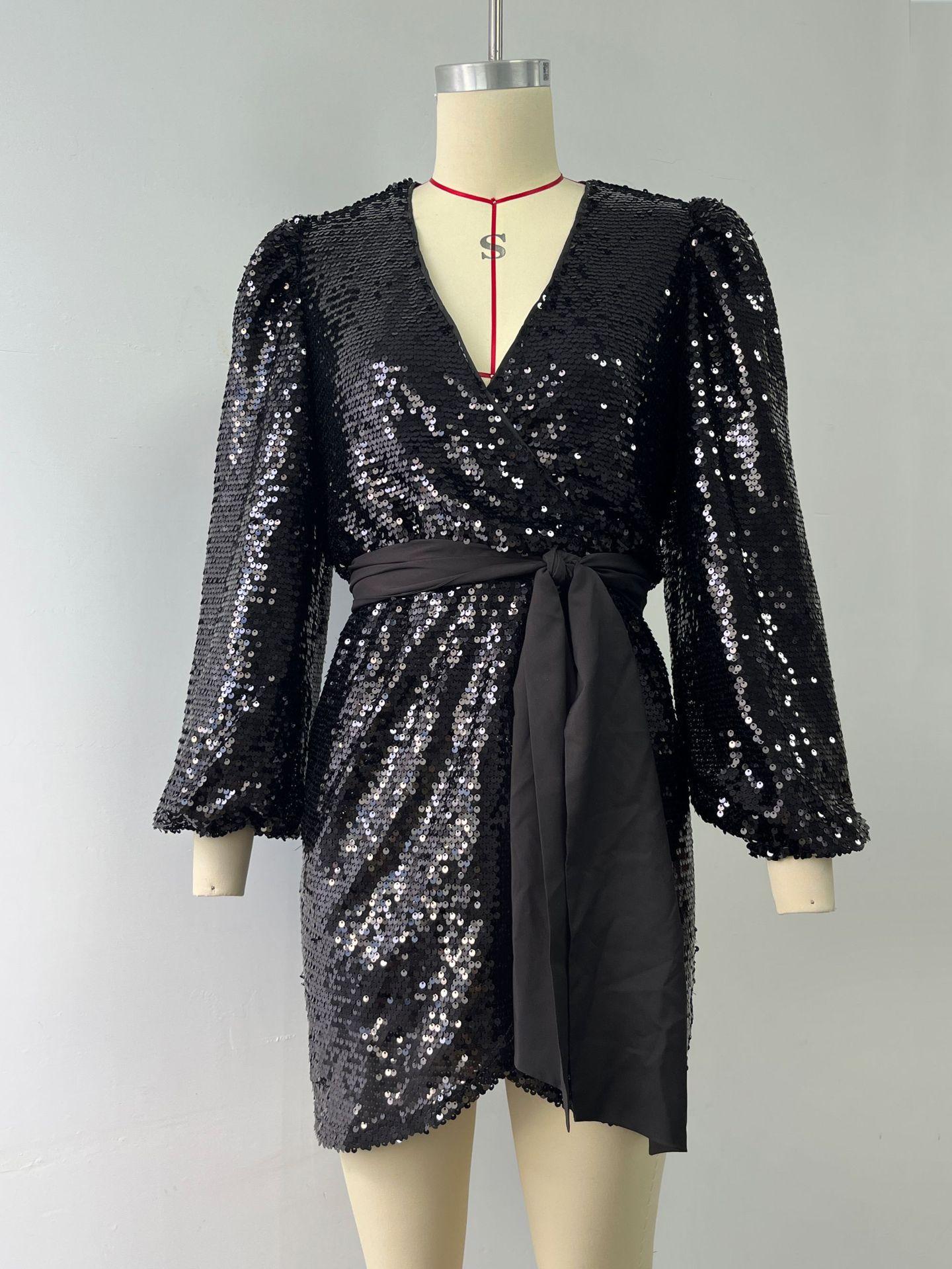 Brunella Sequin Wrap Balloon-Sleeve Mini Dress