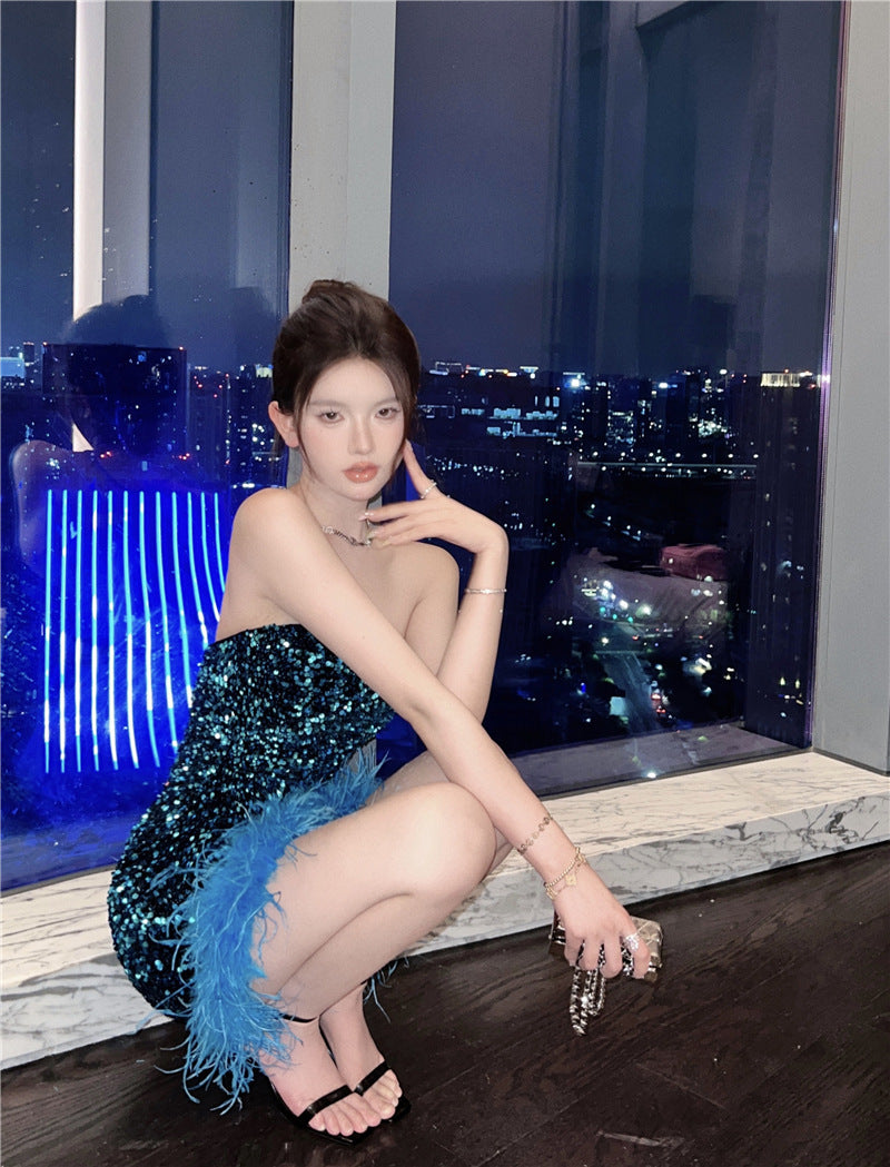 Fulvia feather-hem sequin mini