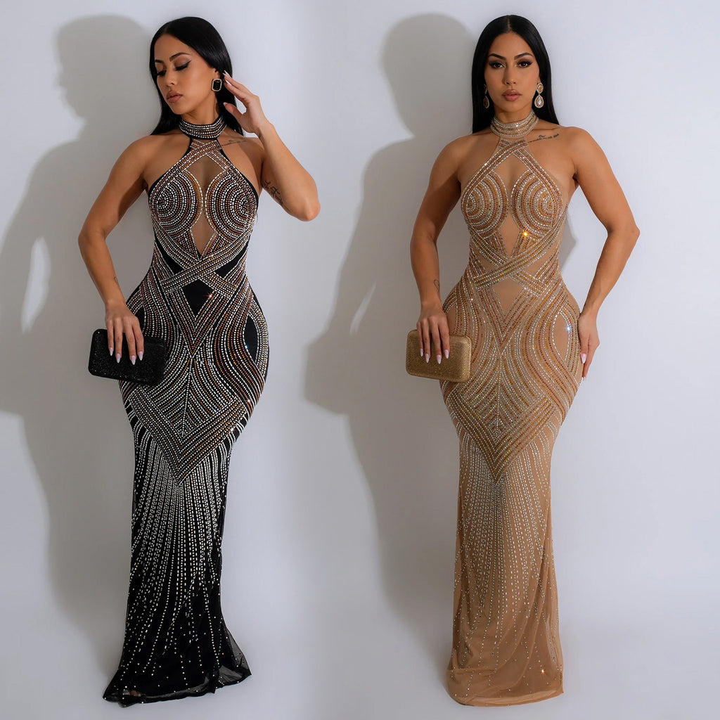 Mirta Rhinestone Mesh Halter Backless Maxi Dress