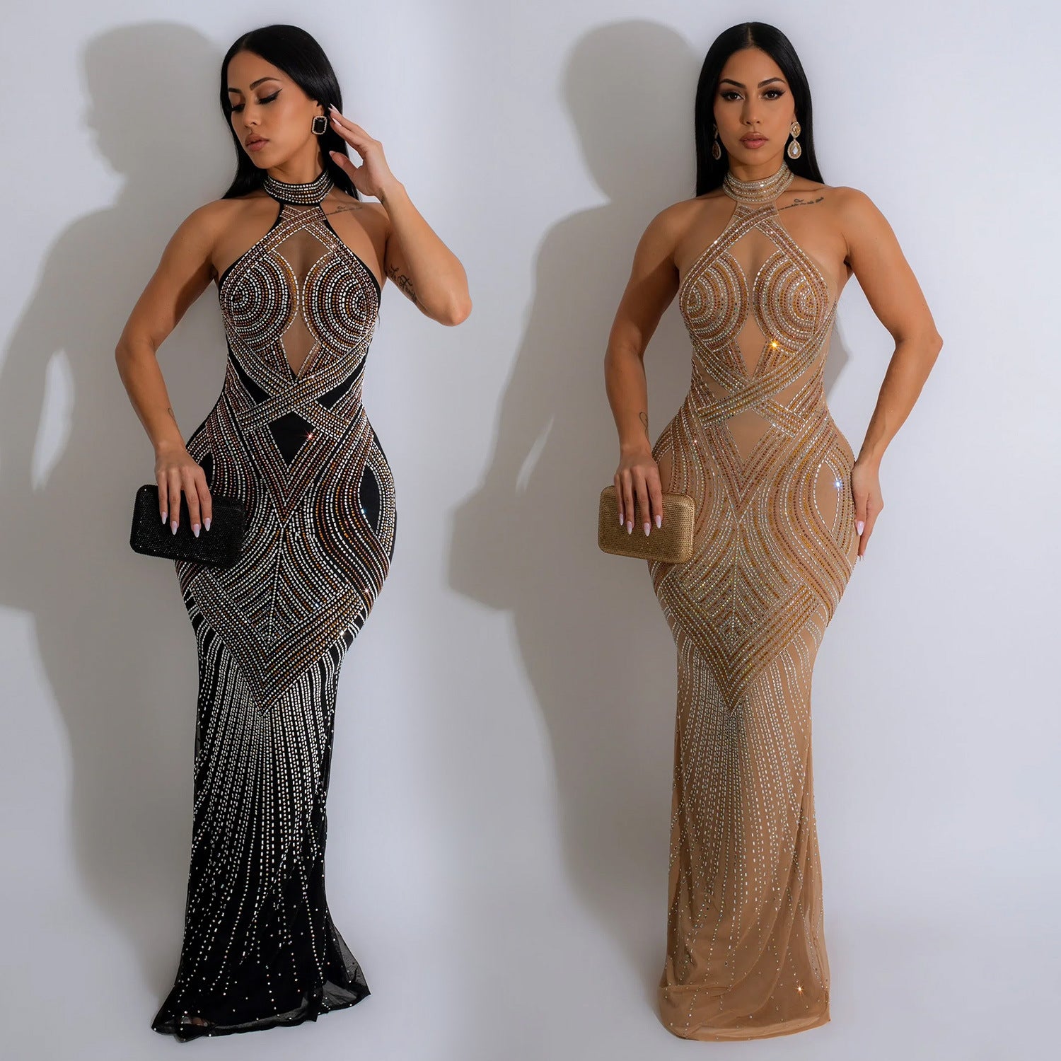 Mirta Rhinestone Mesh Halter Backless Maxi Dress