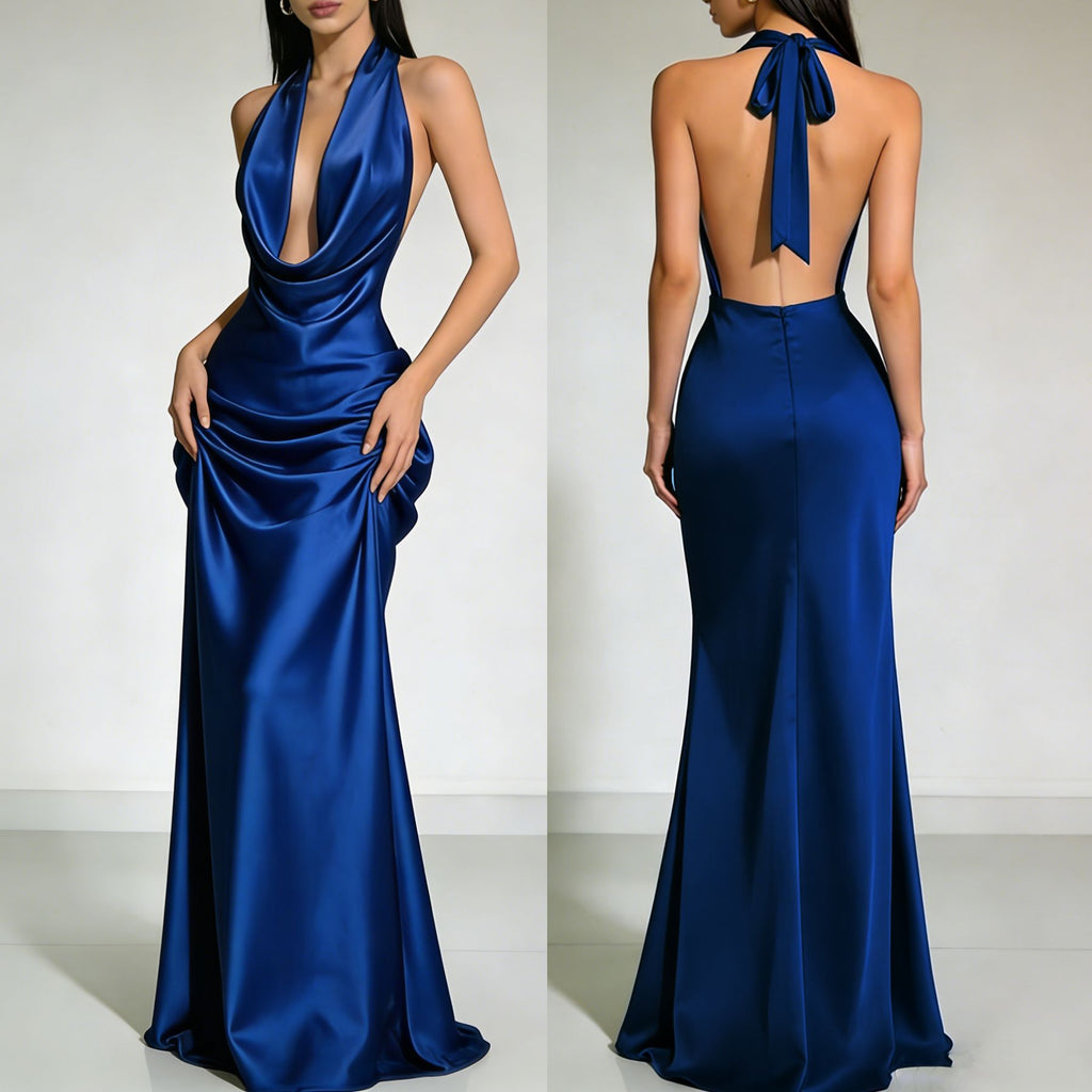 Liora Satin Cowl-Neck Backless Maxi Gown