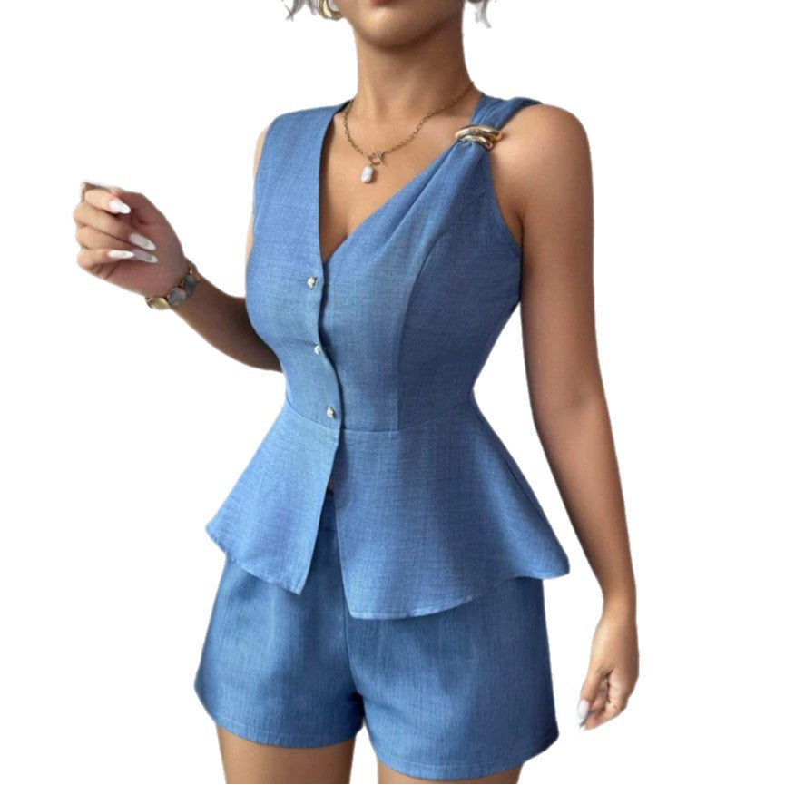 Faustina Peplum Blazer Vest and Tailored Shorts Two-Piece Set