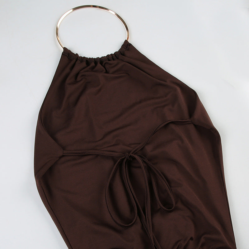 Giuliana Metal-Ring Halter Backless Ruched Mini Dress