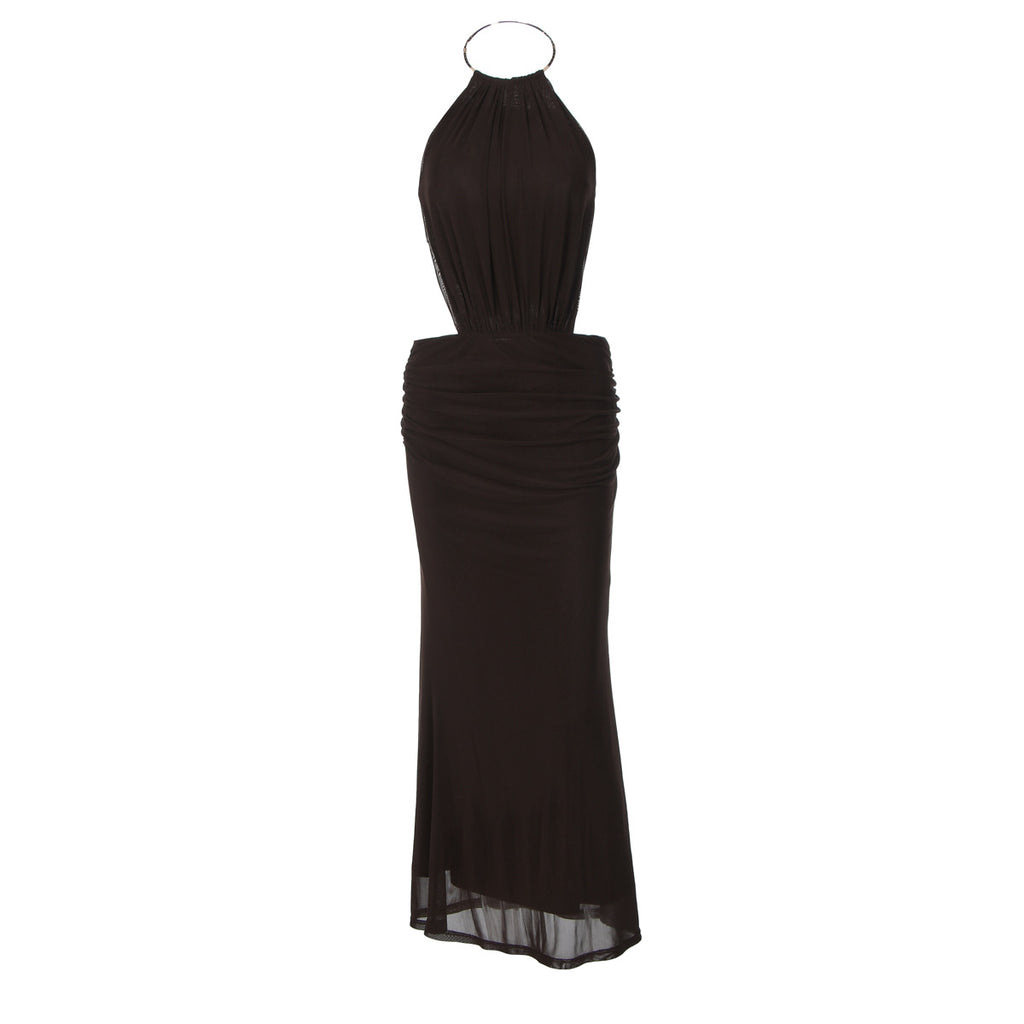 Assunta Metal-Ring Halter Backless Ruched Maxi Dress