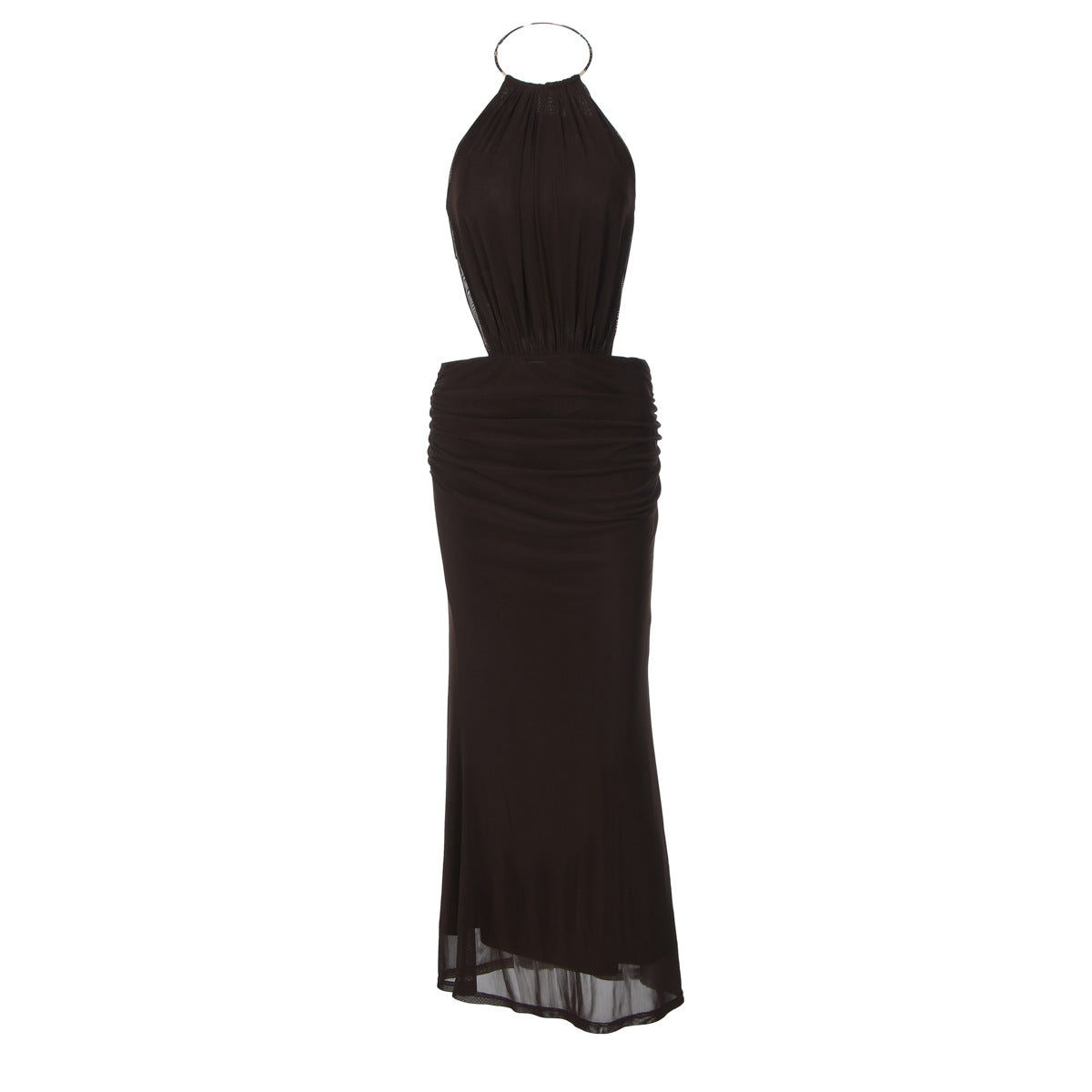 Assunta Metal-Ring Halter Backless Ruched Maxi Dress