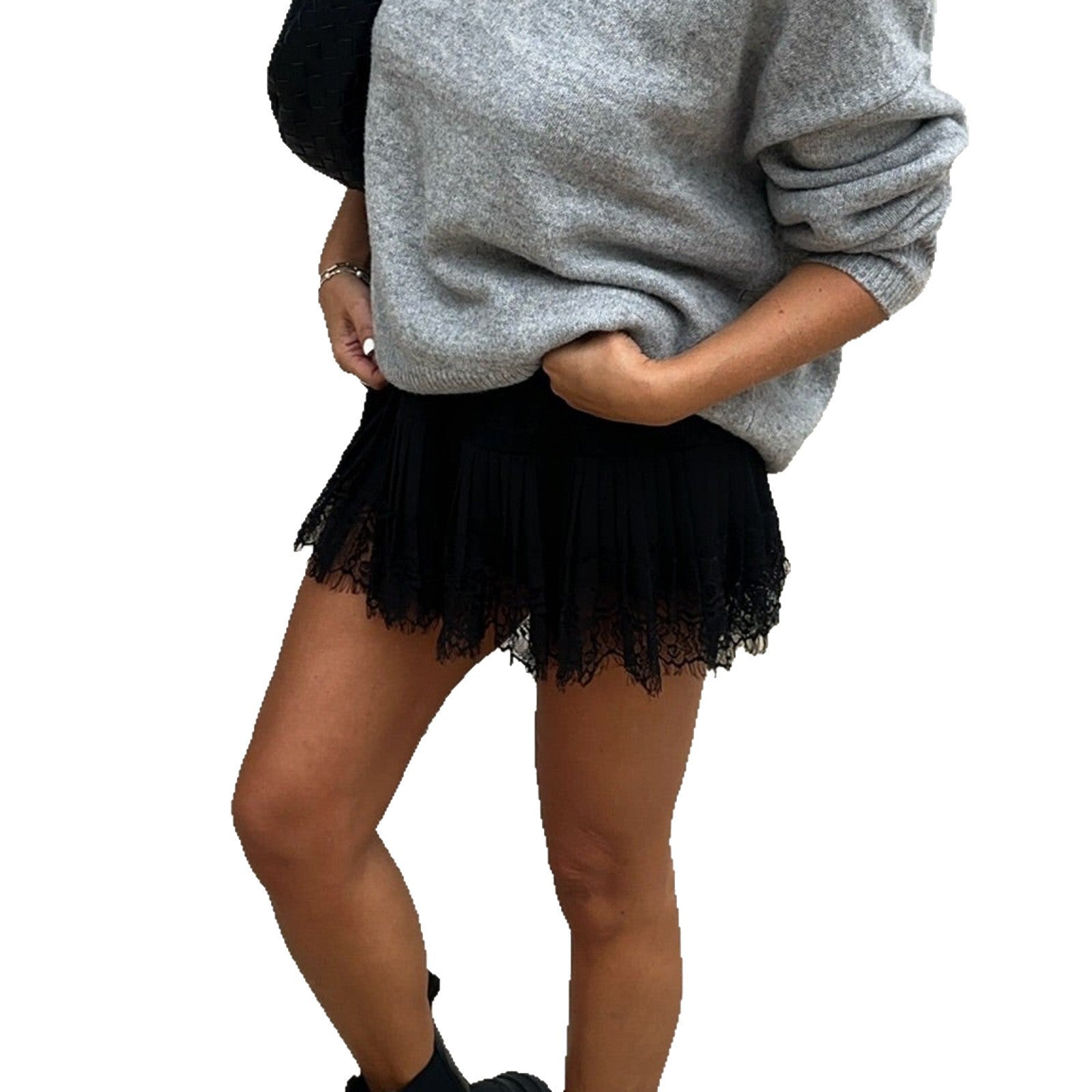 Natalina High Waist Pleated Lace Mini Skirt