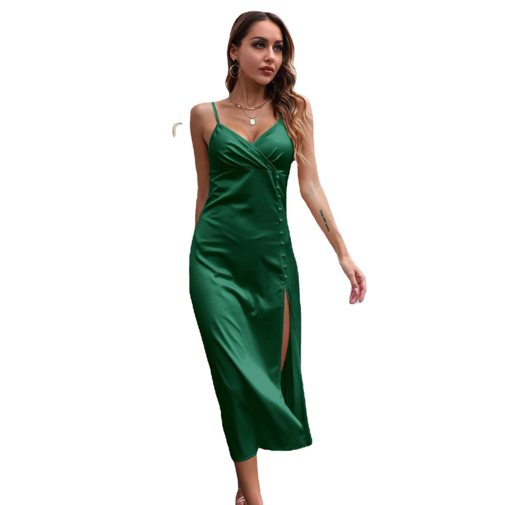 Benedetta Emerald Satin V-Neck Slip Midi Dress