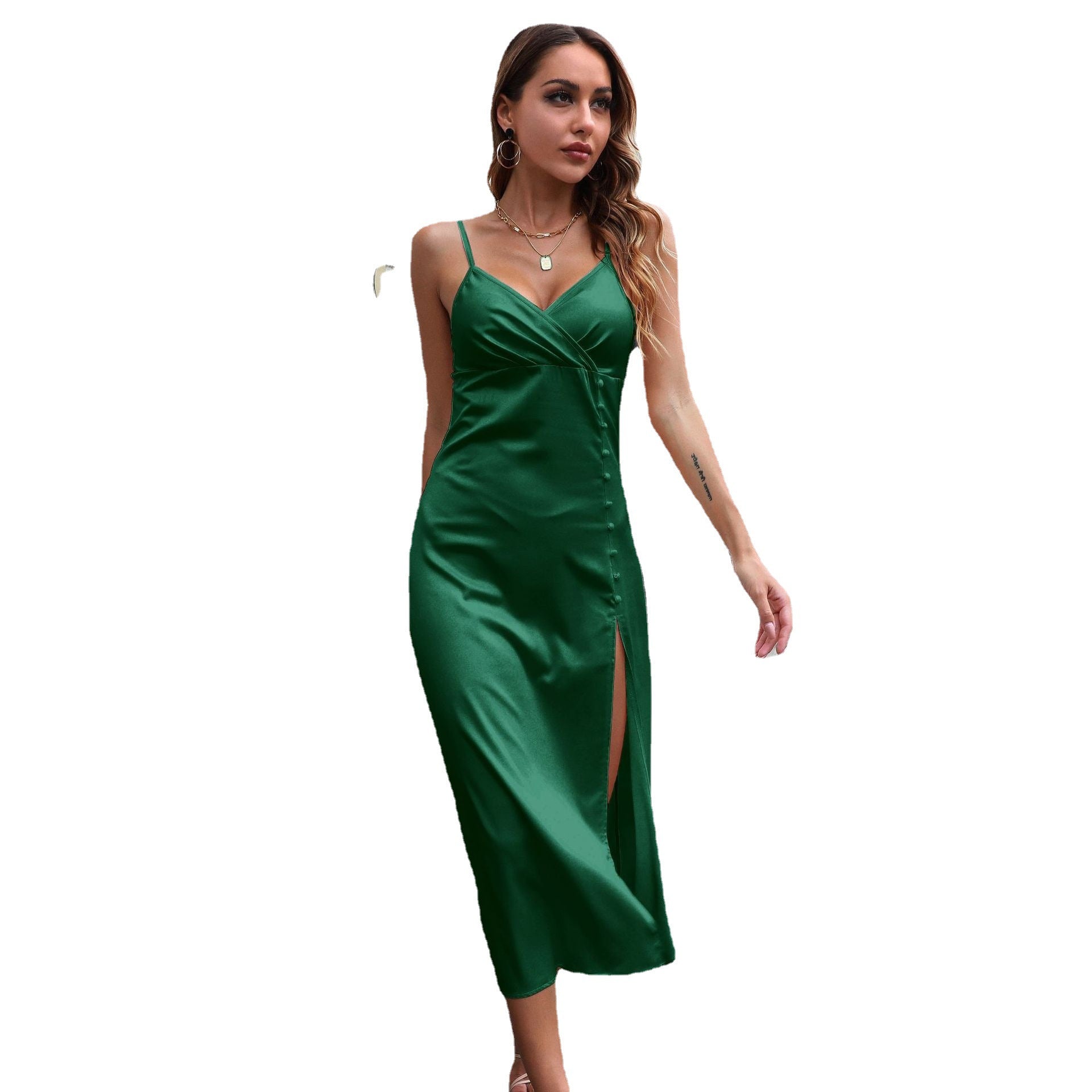 Benedetta Emerald Satin V-Neck Slip Midi Dress