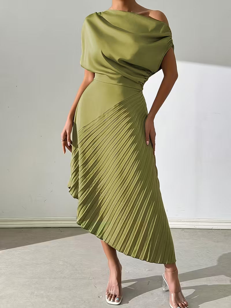 Fedora Metallic Foil Asymmetric Pleated Midi Dress