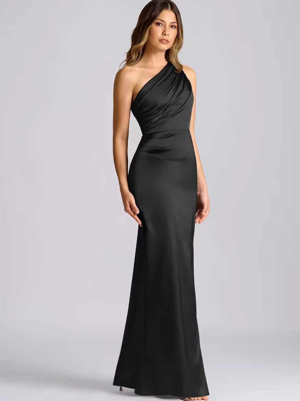 Rosita One-Shoulder Ruched Satin Maxi Dress