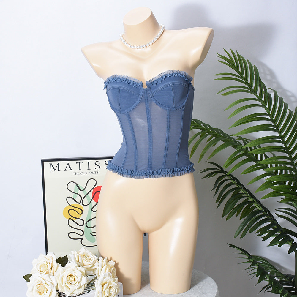 Calla Sheer Mesh Ruffle Corset Bustier Top