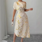 Fedora Metallic Foil Asymmetric Pleated Midi Dress
