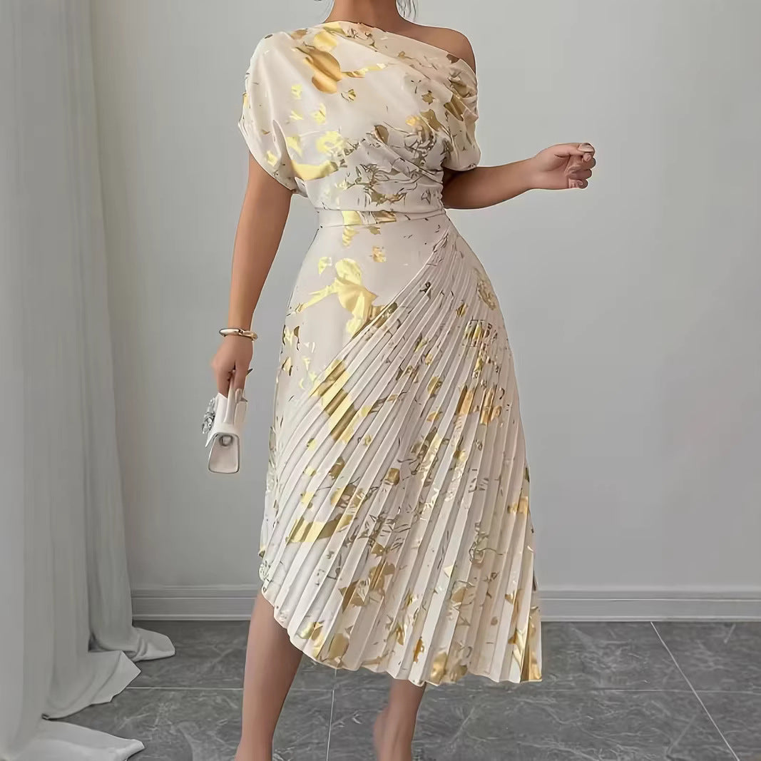 Fedora Metallic Foil Asymmetric Pleated Midi Dress