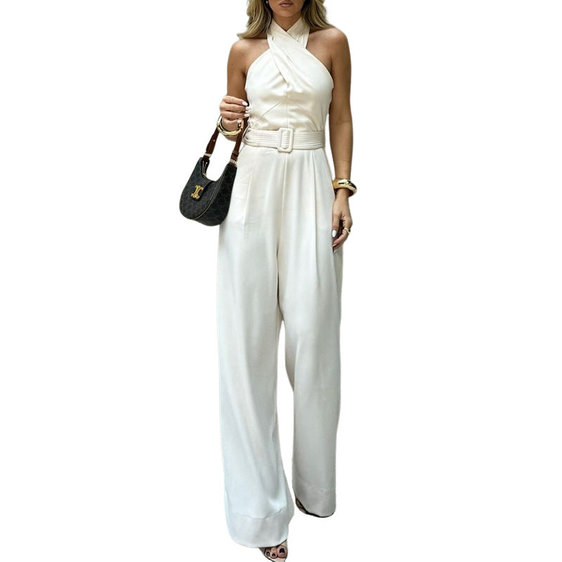Romana Cross-Halter Belted Wide-Leg Jumpsuit
