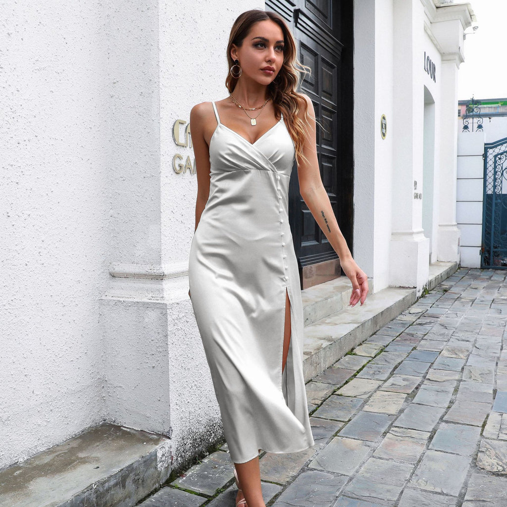 Fabrizia Satin Button-Front Cowl Slip Midi Dress