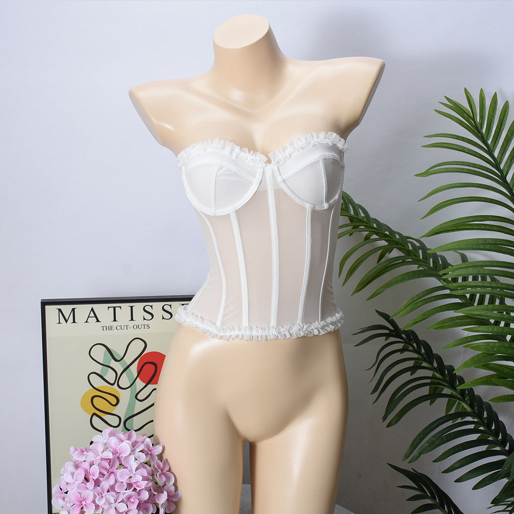 Calla Sheer Mesh Ruffle Corset Bustier Top