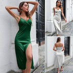 Benedetta Emerald Satin V-Neck Slip Midi Dress
