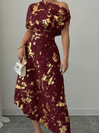 Fedora Metallic Foil Asymmetric Pleated Midi Dress