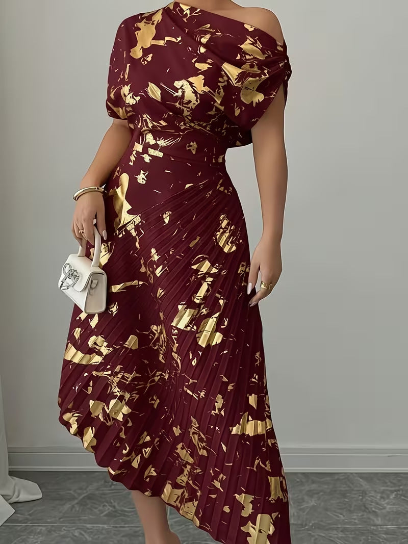 Fedora Metallic Foil Asymmetric Pleated Midi Dress