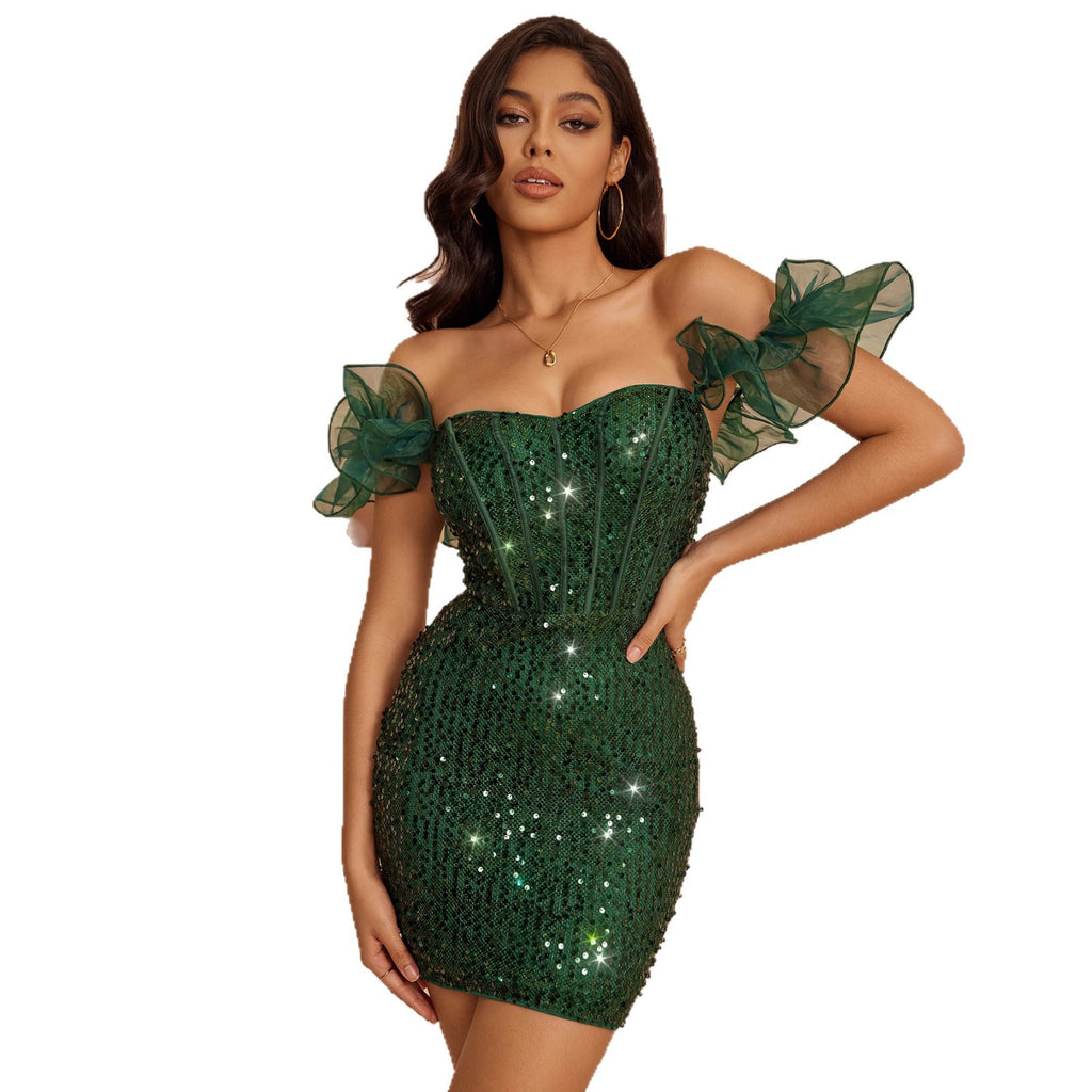 Cristina Emerald Sequin Off-Shoulder Bodycon Mini Dress