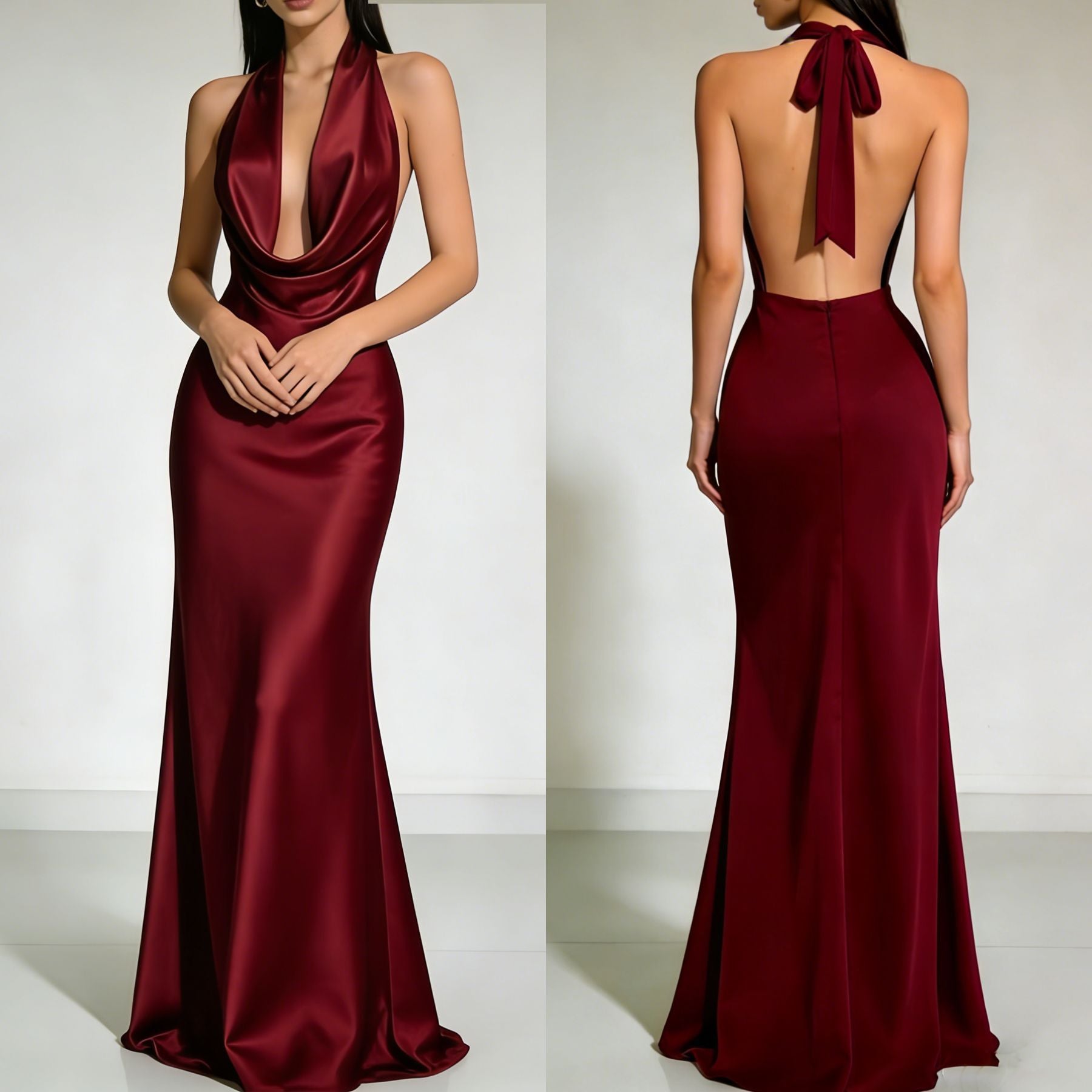 Liora Satin Cowl-Neck Backless Maxi Gown