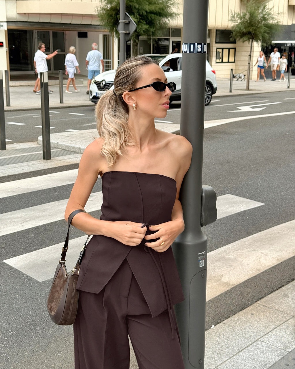 Liviana Strapless Peplum Top and Wide-Leg Trouser Two-Piece Set