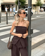 Liviana Strapless Peplum Top and Wide-Leg Trouser Two-Piece Set