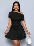 Rachele One-Shoulder Ruched Ruffle-Hem Mini Dress