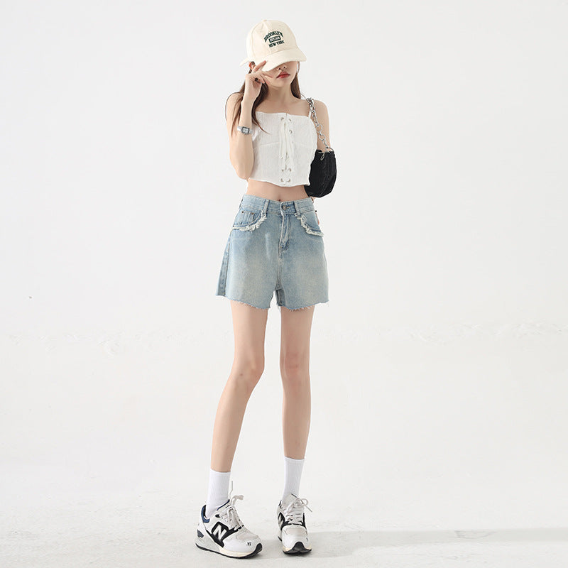 Cornelia High Waist Frayed Denim Shorts