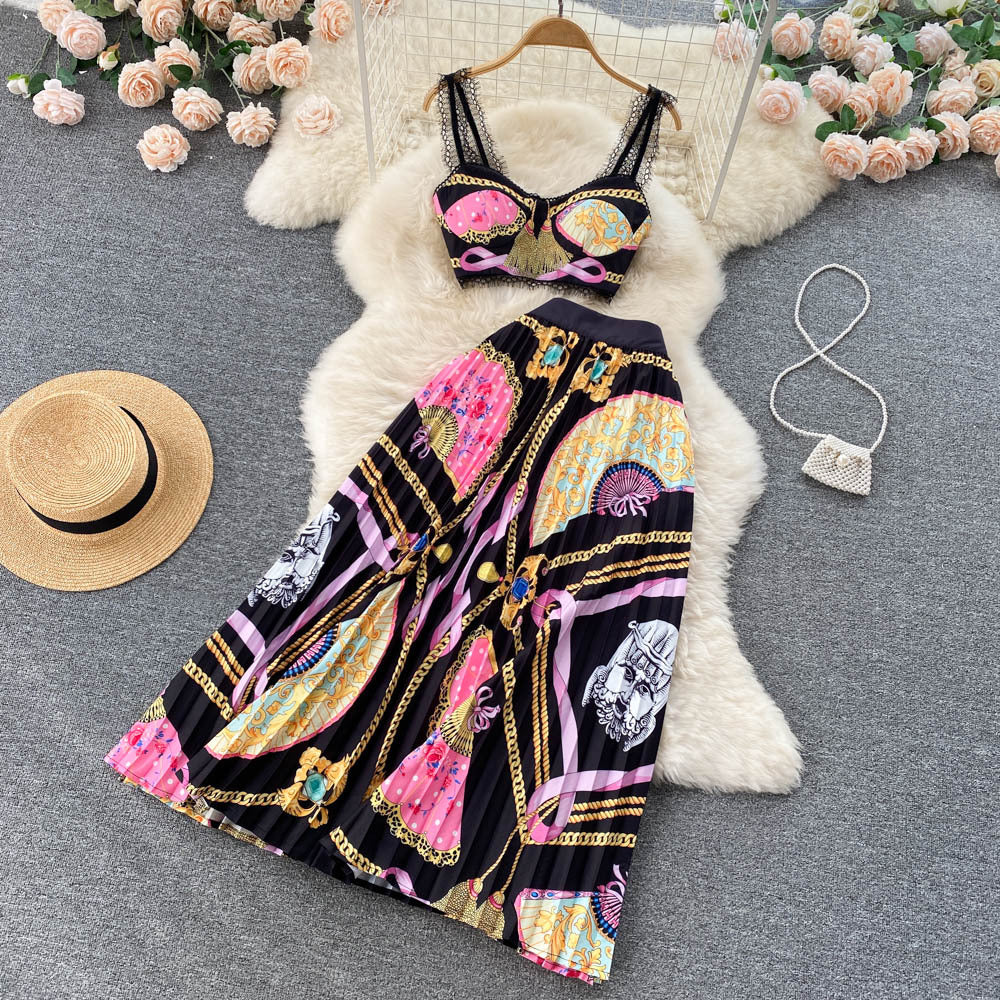 Albina Baroque-Print Corset Top & Pleated Skirt Set