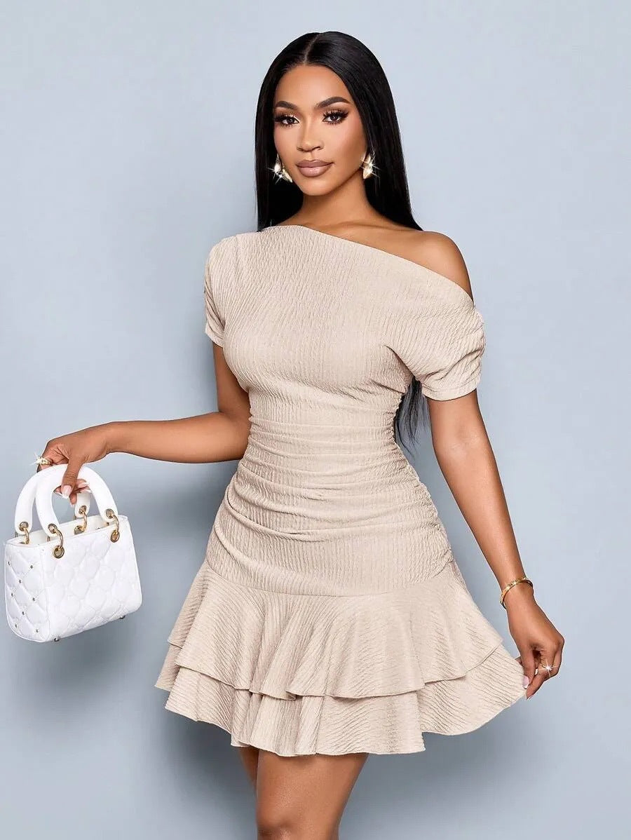 Rachele One-Shoulder Ruched Ruffle-Hem Mini Dress