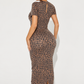 Fashionable Leopard-print Stretchy Printed Short-sleeve Slim-fit Dress