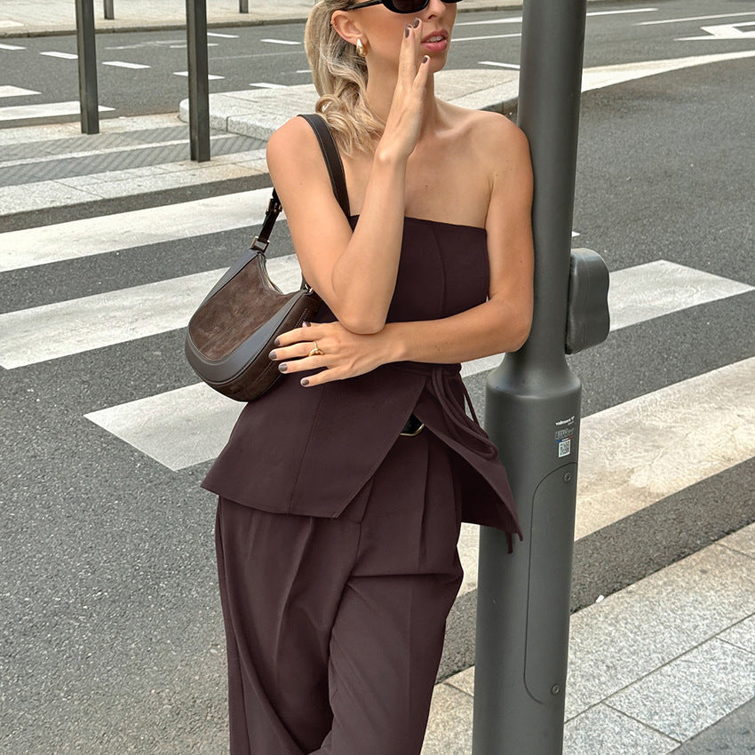 Liviana Strapless Peplum Top and Wide-Leg Trouser Two-Piece Set