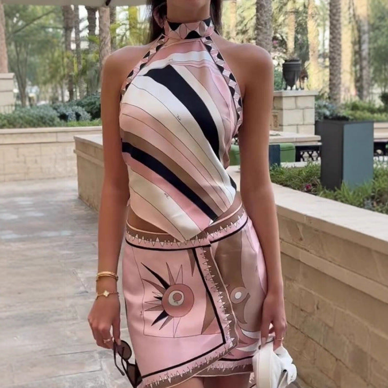 Crocetta Printed Satin Halter Crop Top & Maxi Skirt Set