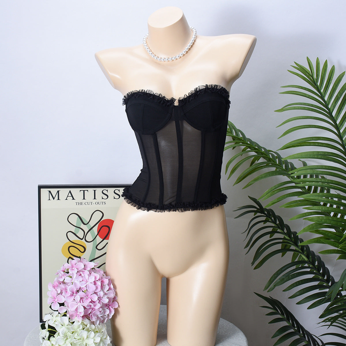 Calla Sheer Mesh Ruffle Corset Bustier Top