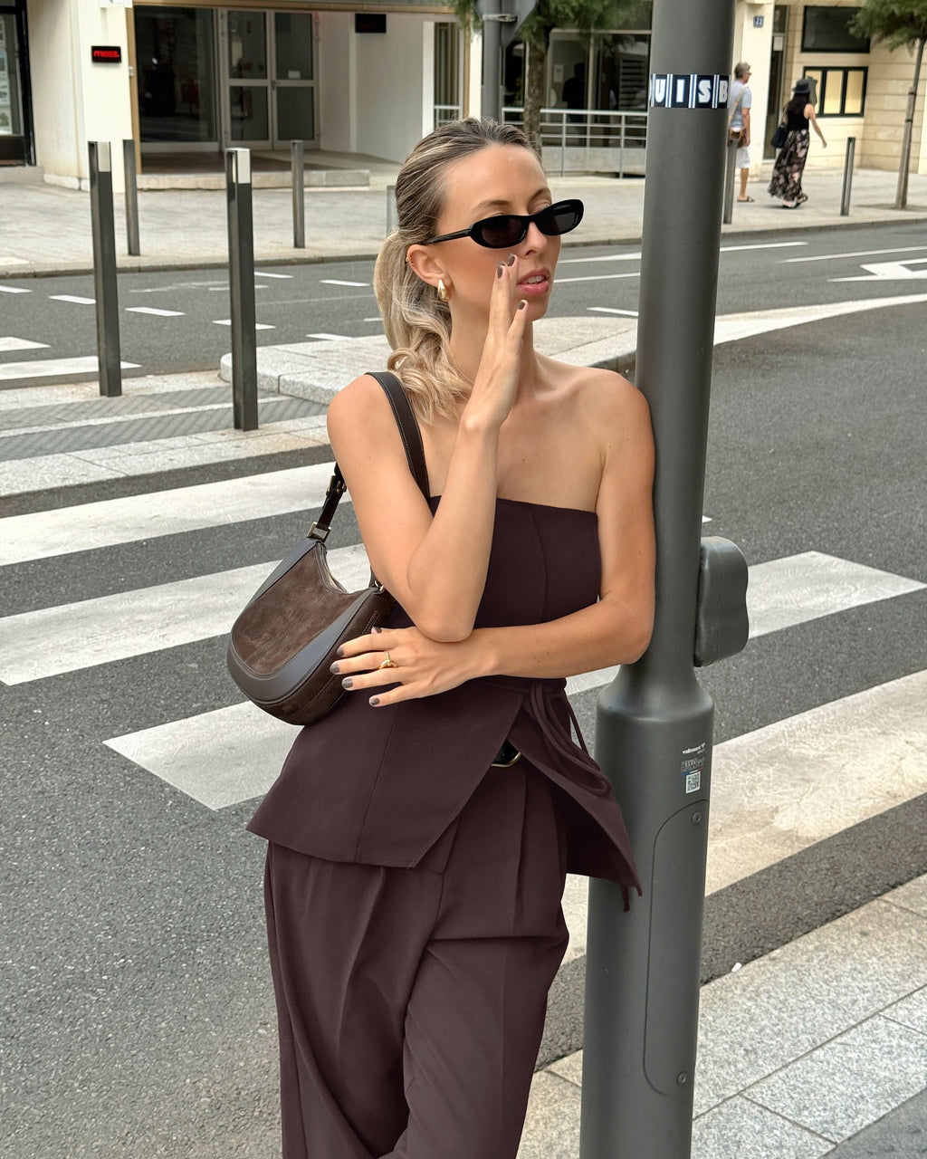 Liviana Strapless Peplum Top and Wide-Leg Trouser Two-Piece Set