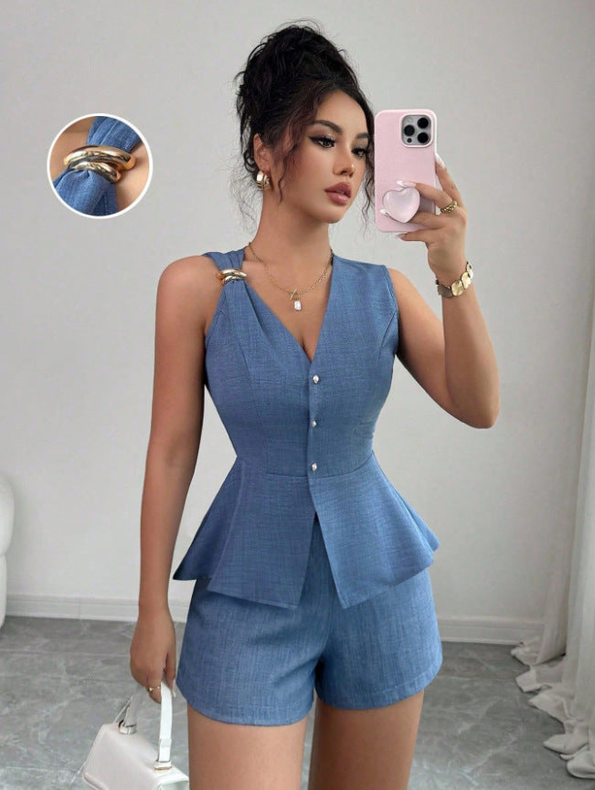 Faustina Peplum Blazer Vest and Tailored Shorts Two-Piece Set