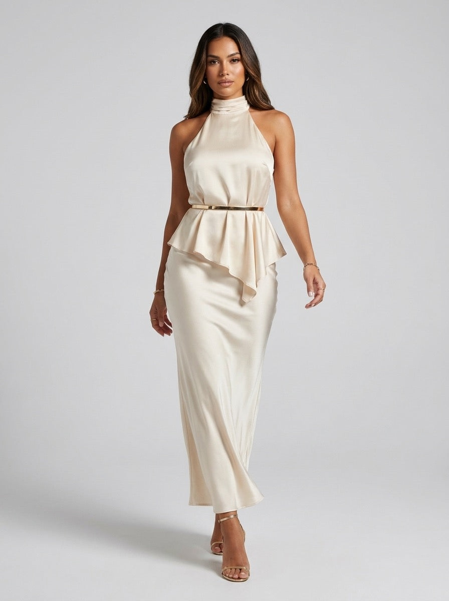 Adriana Satin Halter & Slip Skirt Set on model