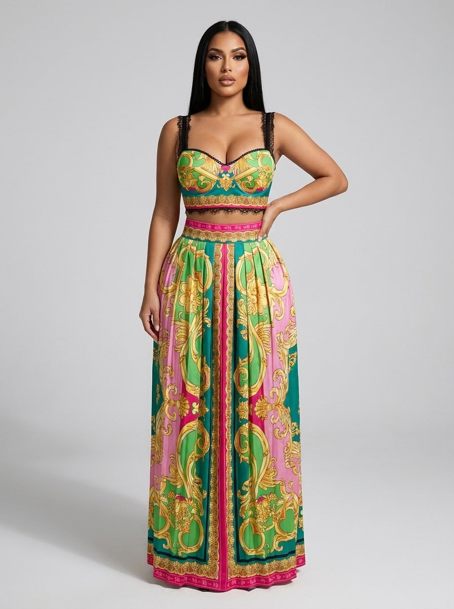 Albina Baroque-Print Corset Top & Pleated Skirt Set on model
